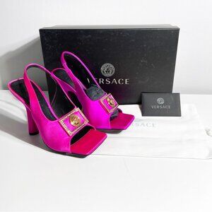 NWT Versace Crystal Medusa Square Toe Slingback High Heel Sandals size 36.5